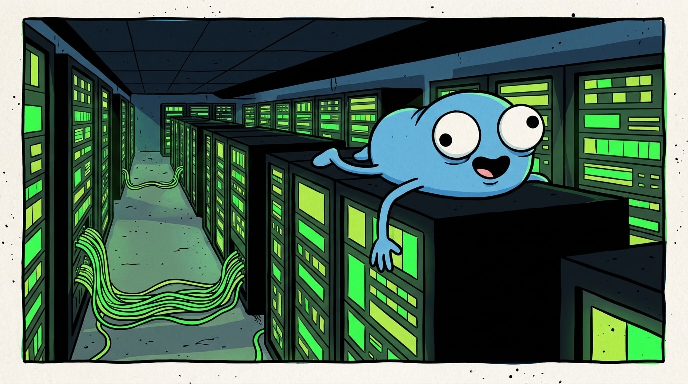 A server farm at night, the blob sprawled across the top of a rack